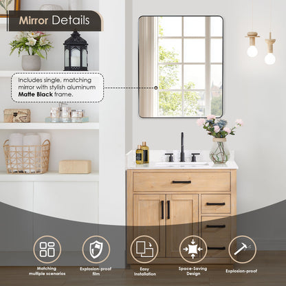 Gavino 36" Single Bathroom Vanity in Light Brown with Grain White Engineered Stone Countertop with Mirror