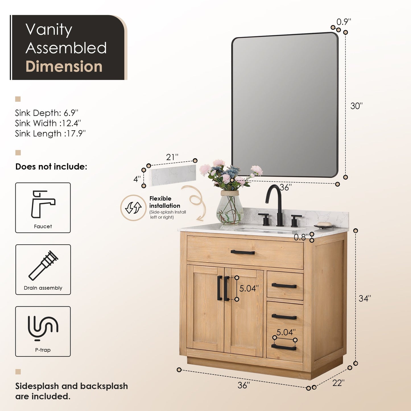 Gavino 36" Single Bathroom Vanity in Light Brown with Grain White Engineered Stone Countertop with Mirror