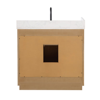 Gavino 36" Single Bathroom Vanity in Light Brown with Grain White Engineered Stone Countertop with Mirror