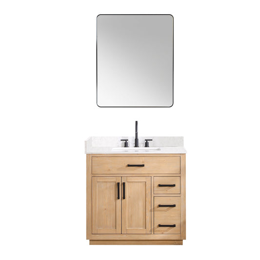 Gavino 36" Single Bathroom Vanity in Light Brown with Grain White Engineered Stone Countertop with Mirror