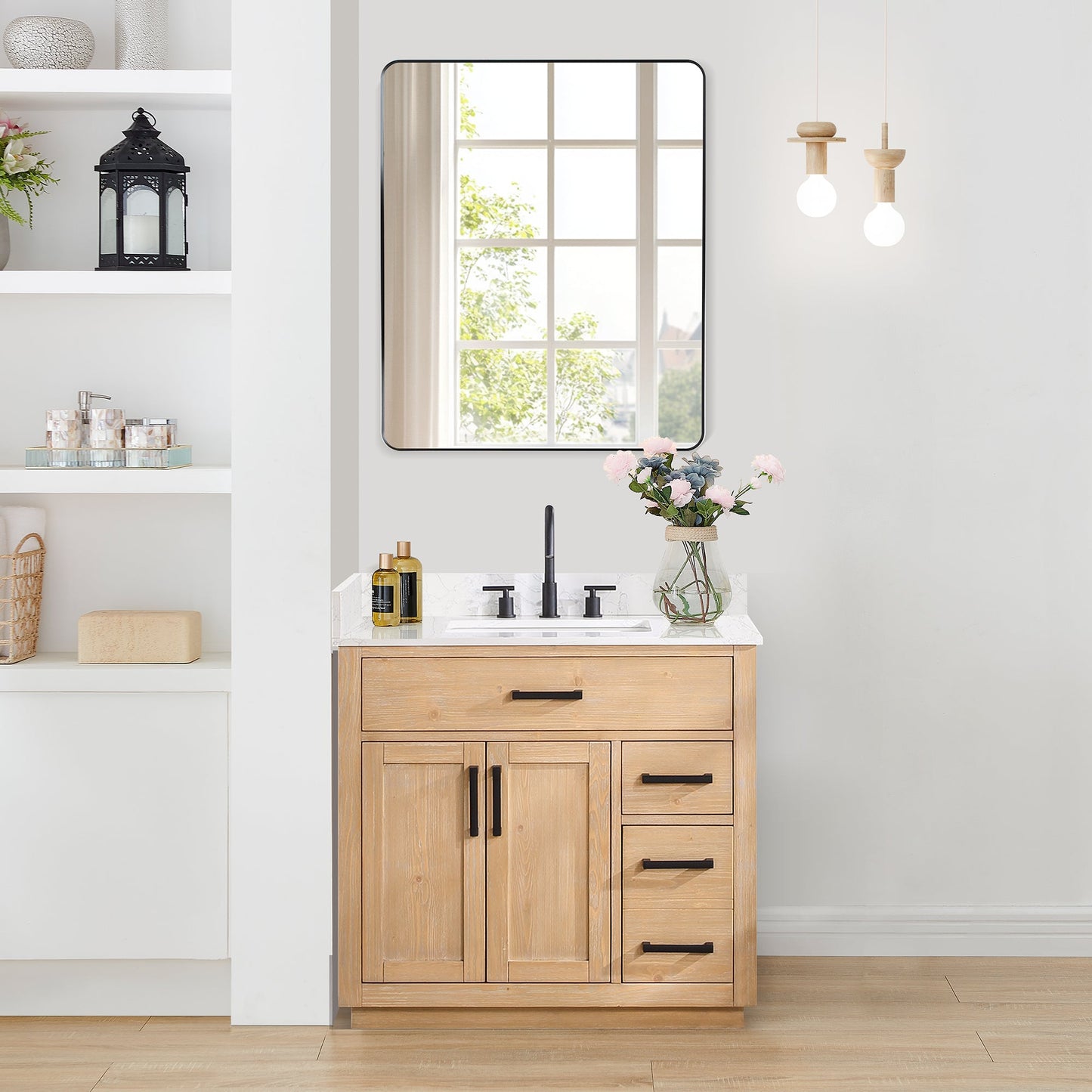 Gavino 36" Single Bathroom Vanity in Light Brown with Grain White Engineered Stone Countertop with Mirror
