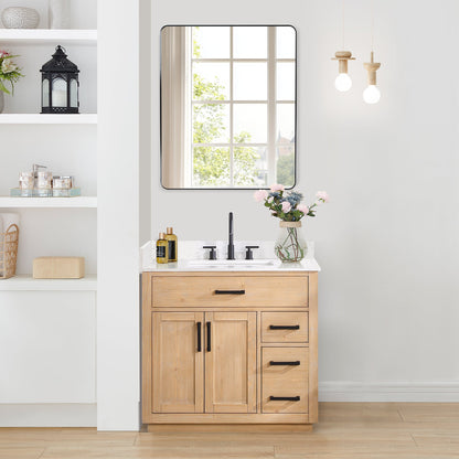 Gavino 36" Single Bathroom Vanity in Light Brown with Grain White Engineered Stone Countertop with Mirror