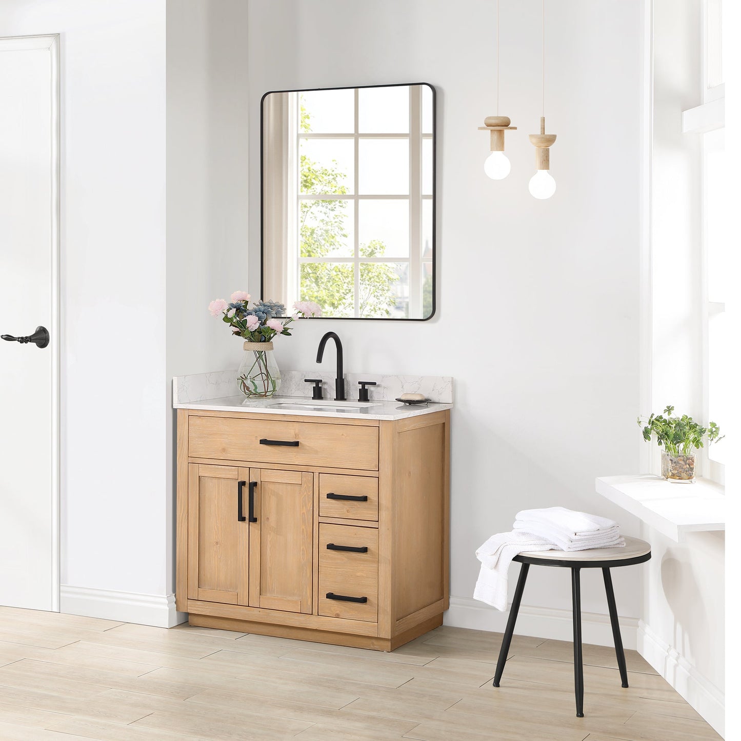 Gavino 36" Single Bathroom Vanity in Light Brown with Grain White Engineered Stone Countertop with Mirror