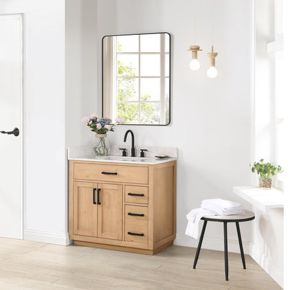 Gavino 36" Single Bathroom Vanity in Light Brown with Grain White Engineered Stone Countertop with Mirror