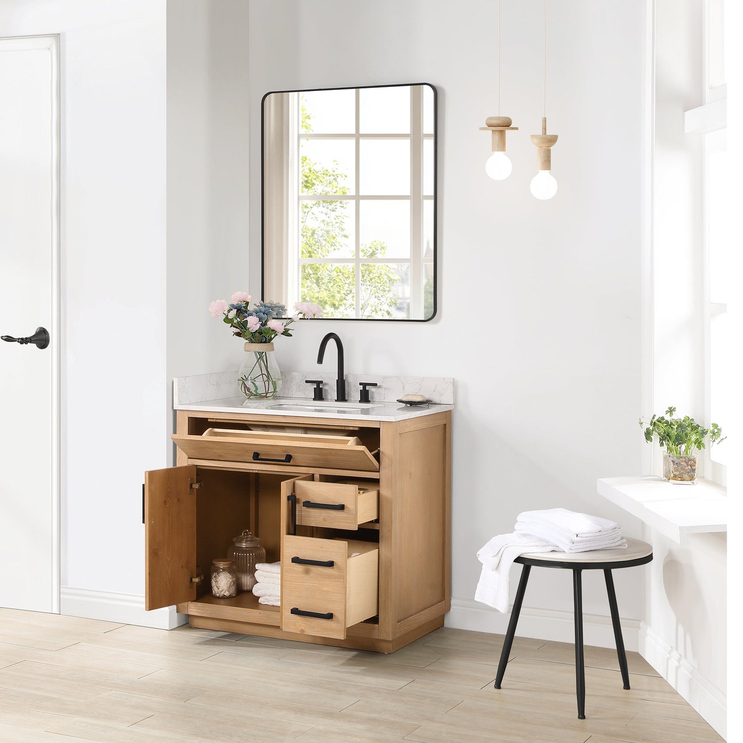 Gavino 36" Single Bathroom Vanity in Light Brown with Grain White Engineered Stone Countertop with Mirror