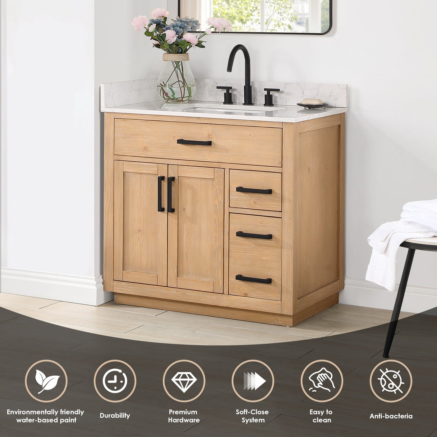 Gavino 36" Single Bathroom Vanity in Light Brown with Grain White Engineered Stone Countertop with Mirror
