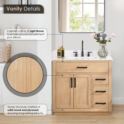 Gavino 36" Single Bathroom Vanity in Light Brown with Grain White Engineered Stone Countertop with Mirror