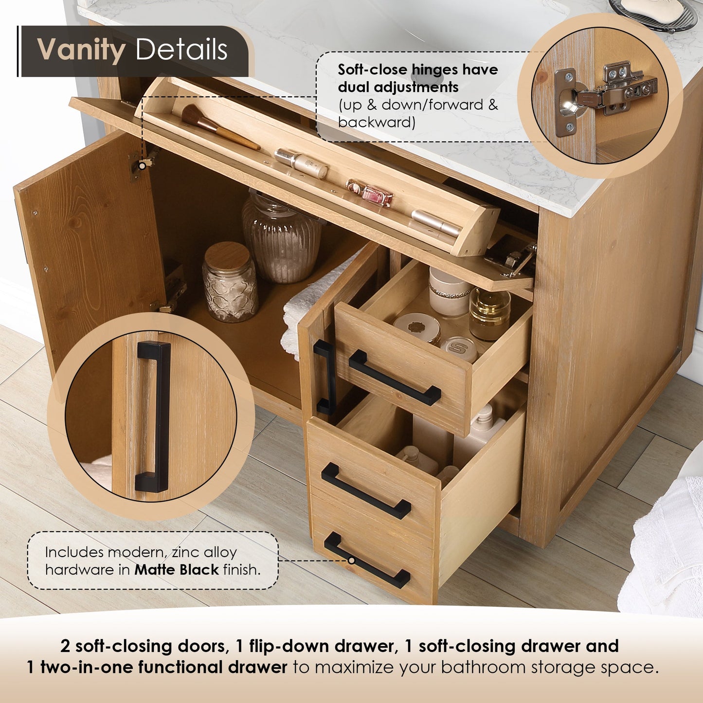 Gavino 36" Single Bathroom Vanity in Light Brown with Grain White Engineered Stone Countertop with Mirror