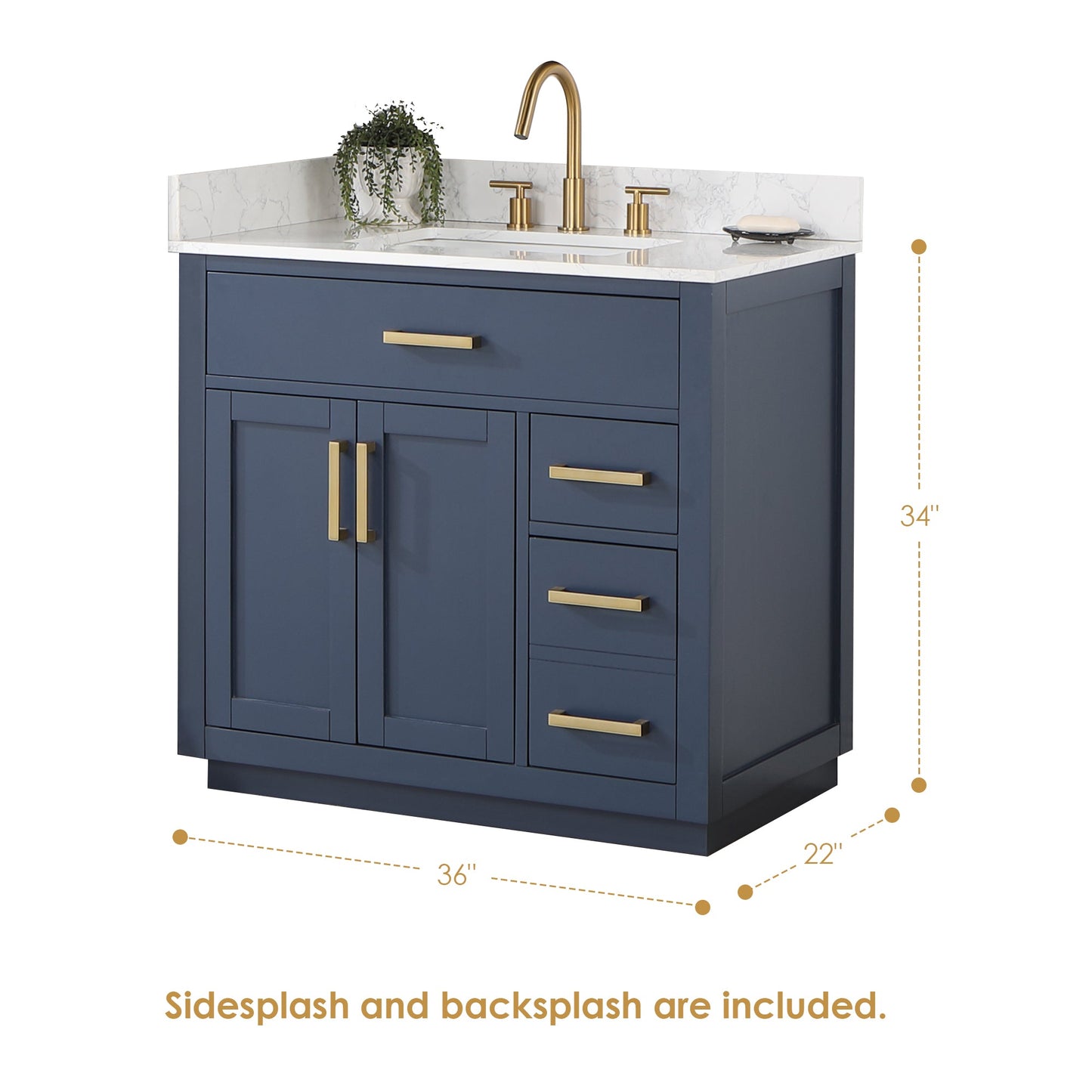 Gavino 36" Single Bathroom Vanity in Royal Blue with Grain White Engineered Stone Countertop without Mirror
