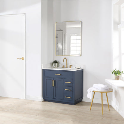 Gavino 36" Single Bathroom Vanity in Royal Blue with Grain White Engineered Stone Countertop without Mirror