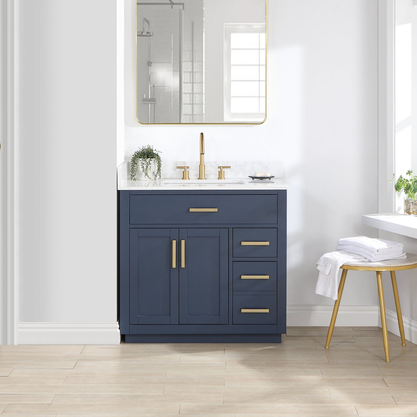 Gavino 36" Single Bathroom Vanity in Royal Blue with Grain White Engineered Stone Countertop without Mirror