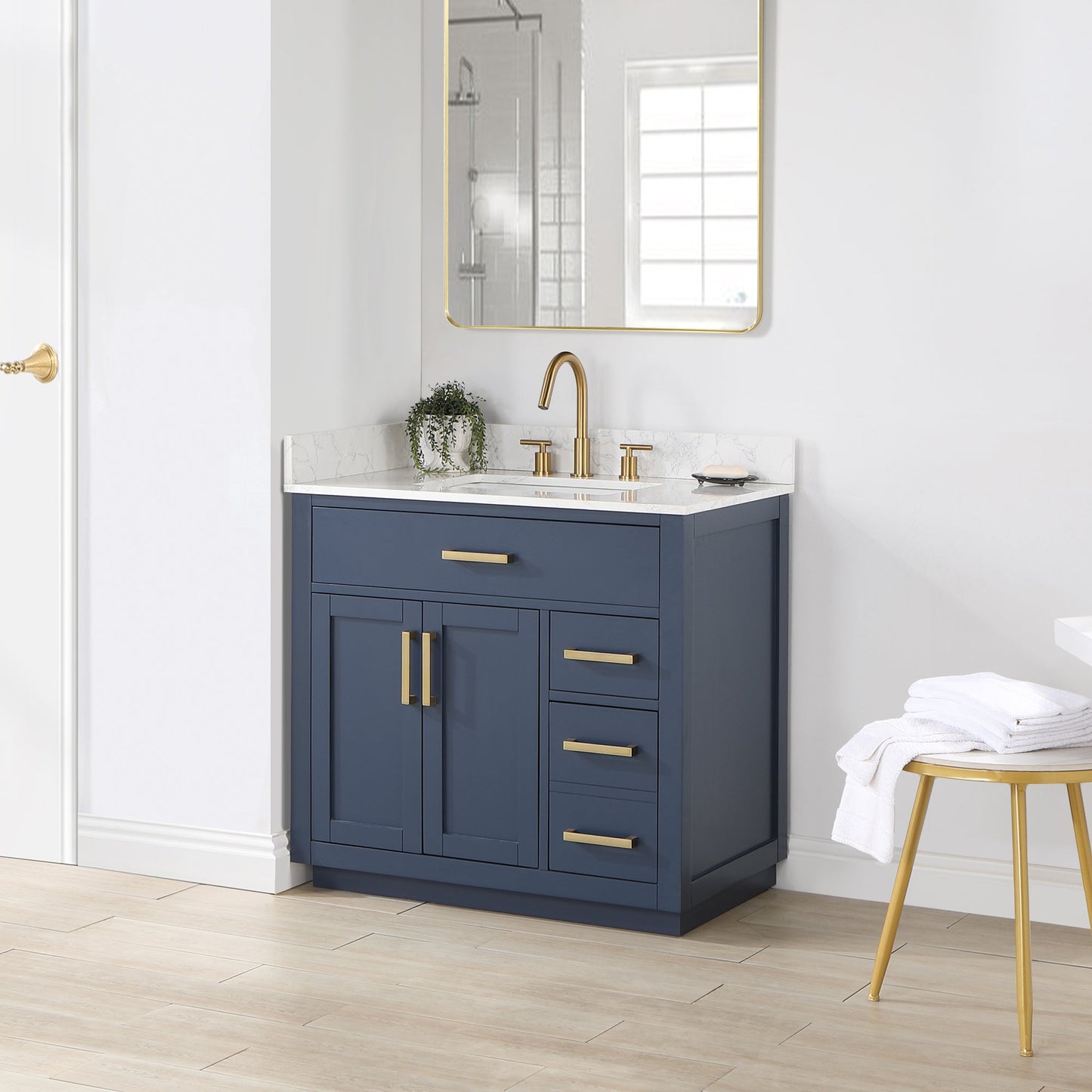 Gavino 36" Single Bathroom Vanity in Royal Blue with Grain White Engineered Stone Countertop without Mirror