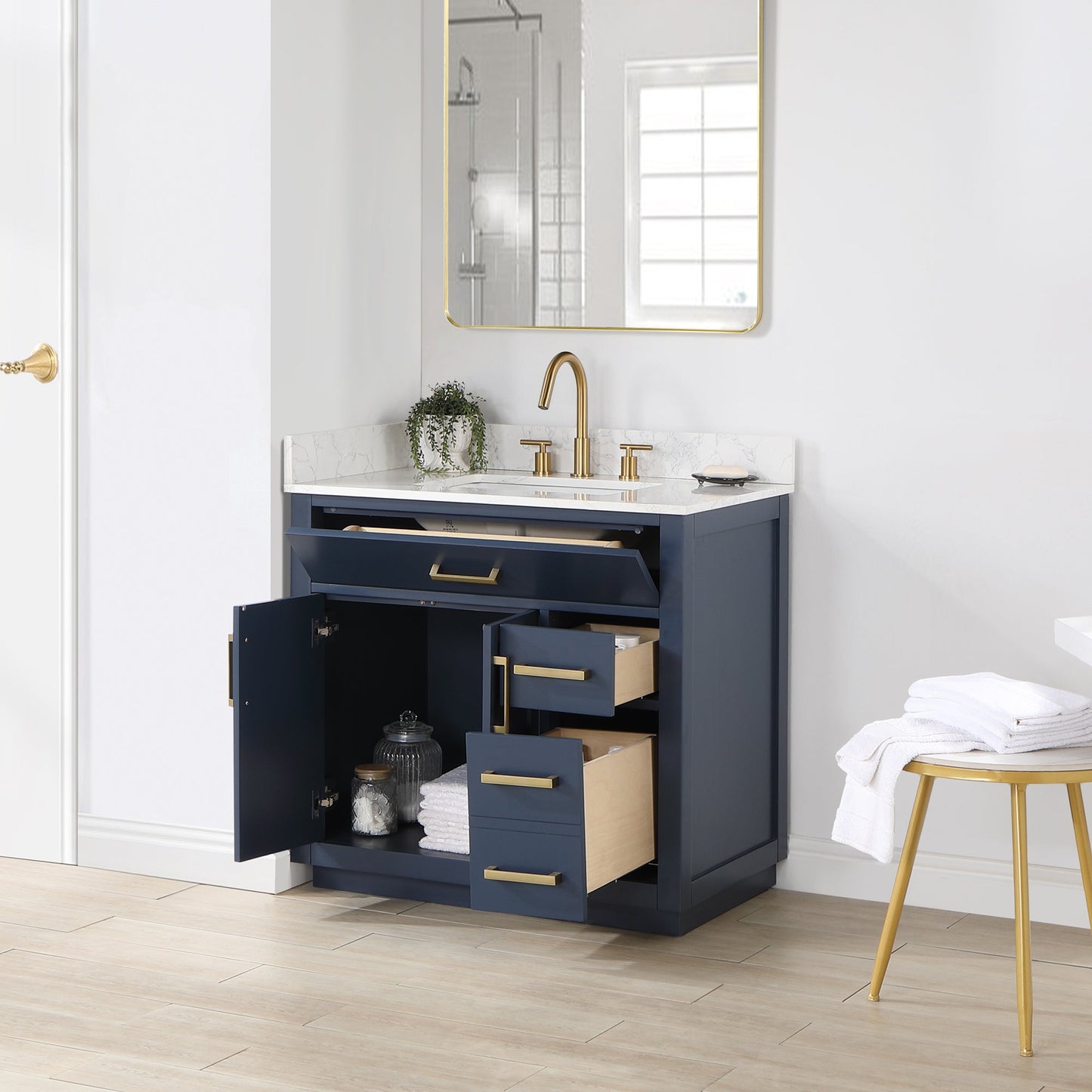 Gavino 36" Single Bathroom Vanity in Royal Blue with Grain White Engineered Stone Countertop without Mirror
