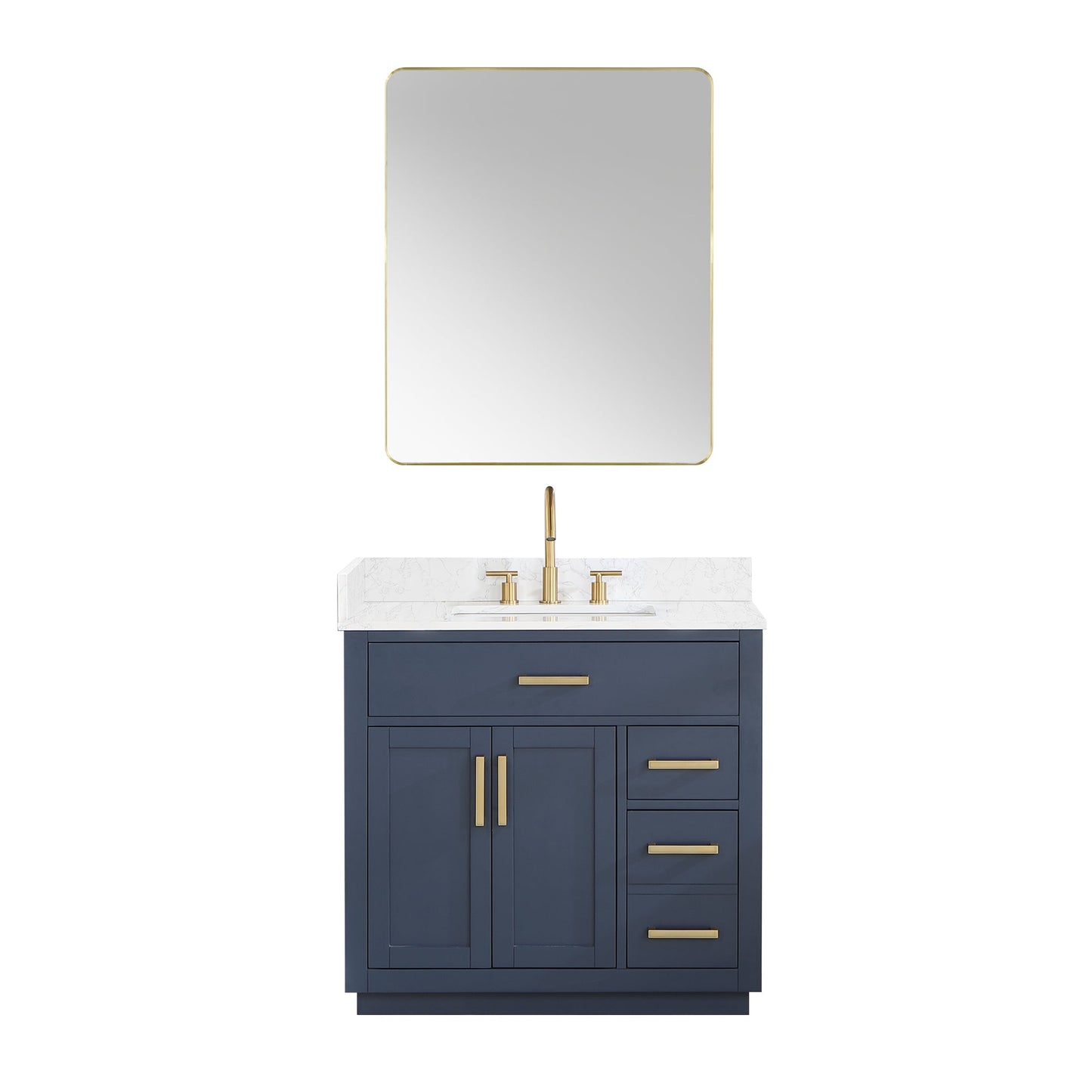 Gavino 36" Single Bathroom Vanity in Royal Blue with Grain White Engineered Stone Countertop with Mirror
