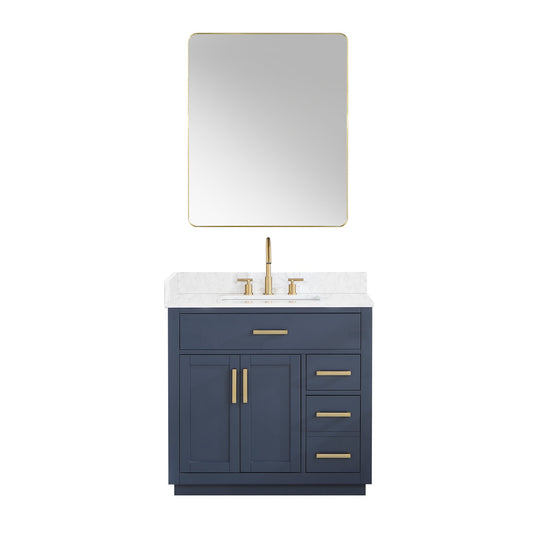 Gavino 36" Single Bathroom Vanity in Royal Blue with Grain White Engineered Stone Countertop with Mirror