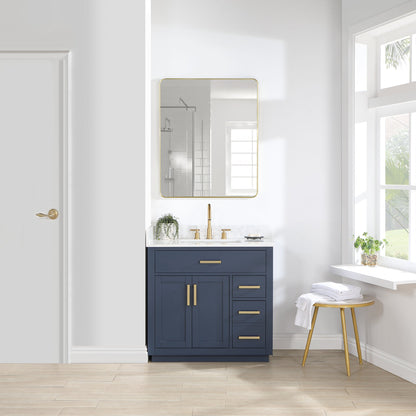 Gavino 36" Single Bathroom Vanity in Royal Blue with Grain White Engineered Stone Countertop with Mirror