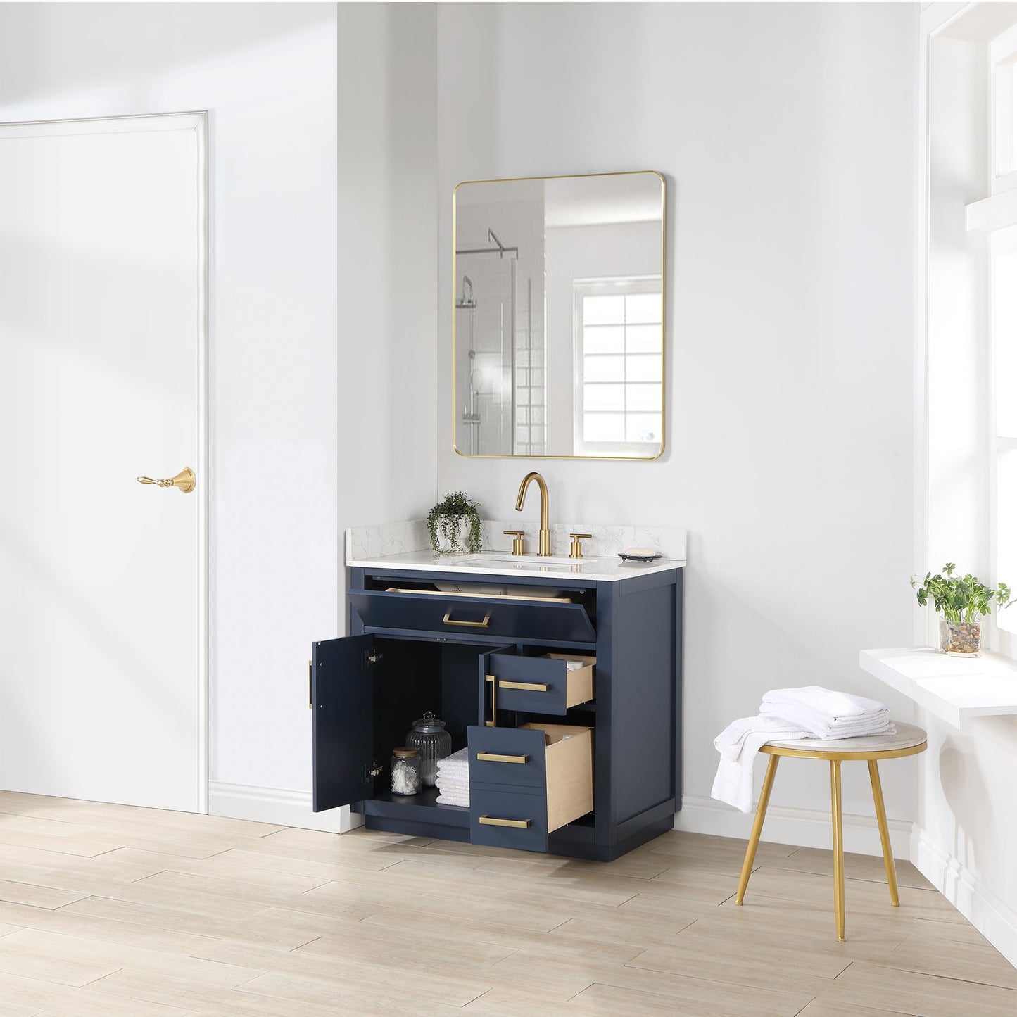Gavino 36" Single Bathroom Vanity in Royal Blue with Grain White Engineered Stone Countertop with Mirror