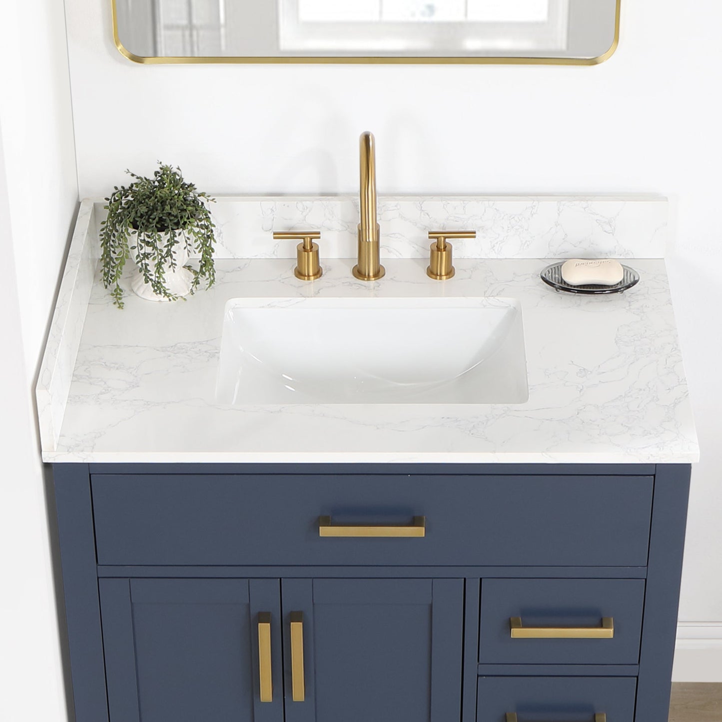 Gavino 36" Single Bathroom Vanity in Royal Blue with Grain White Engineered Stone Countertop with Mirror