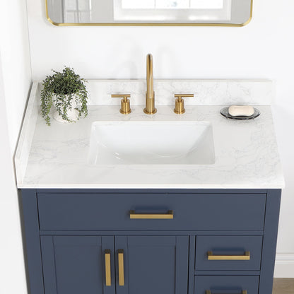Gavino 36" Single Bathroom Vanity in Royal Blue with Grain White Engineered Stone Countertop with Mirror