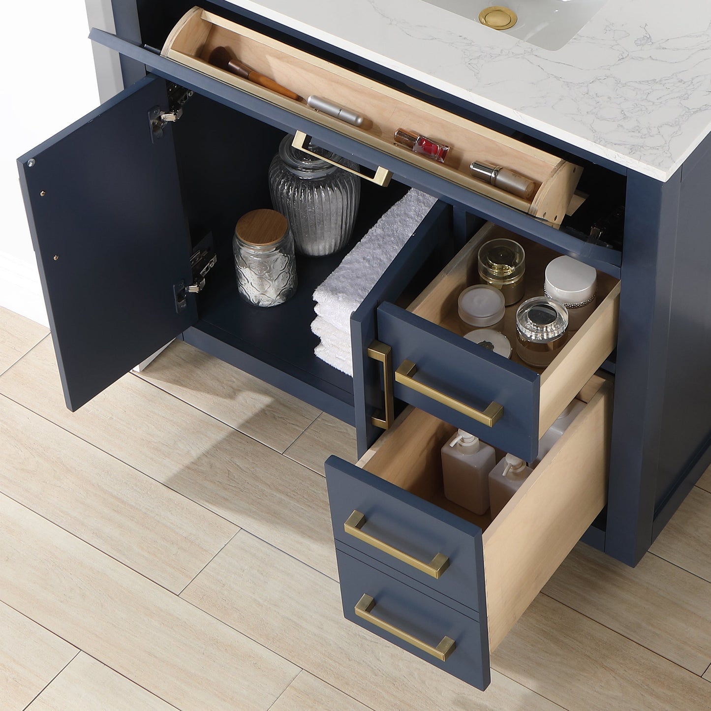 Gavino 36" Single Bathroom Vanity in Royal Blue with Grain White Engineered Stone Countertop with Mirror
