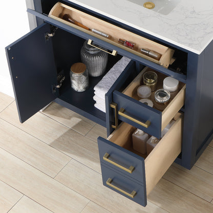 Gavino 36" Single Bathroom Vanity in Royal Blue with Grain White Engineered Stone Countertop with Mirror