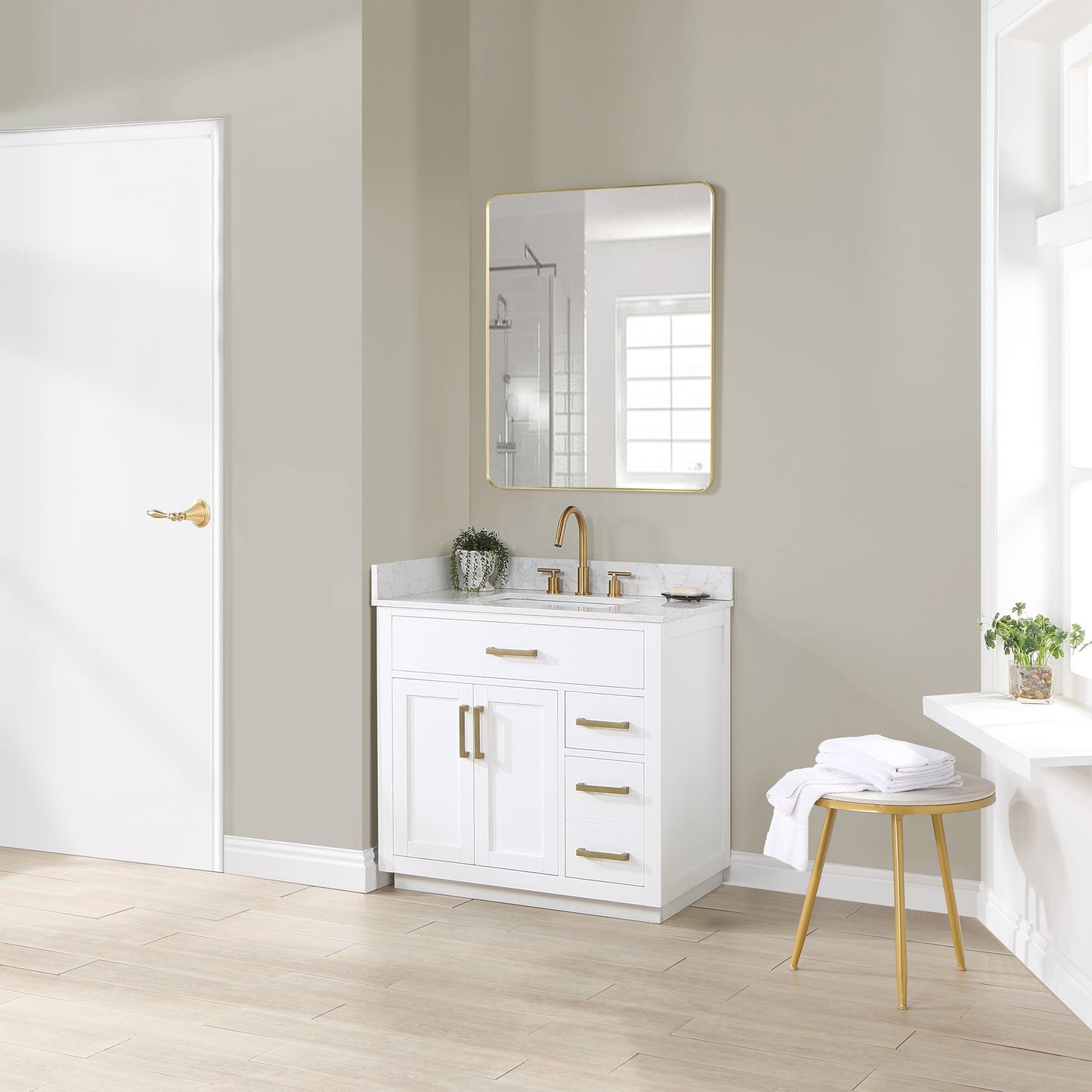 Gavino 36" Single Bathroom Vanity in White with Grain White Engineered Stone Countertop without Mirror