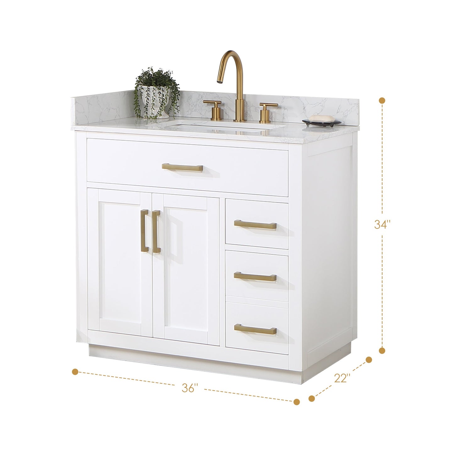 Gavino 36" Single Bathroom Vanity in White with Grain White Engineered Stone Countertop without Mirror