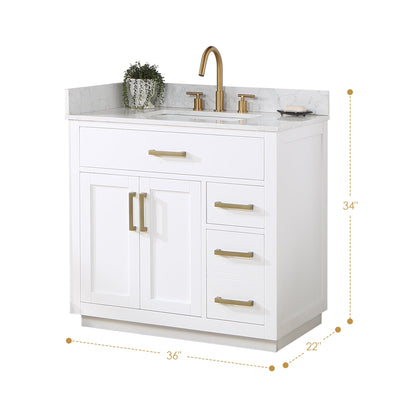 Gavino 36" Single Bathroom Vanity in White with Grain White Engineered Stone Countertop without Mirror