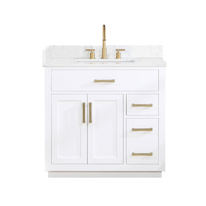 Gavino 36" Single Bathroom Vanity in White with Grain White Engineered Stone Countertop without Mirror