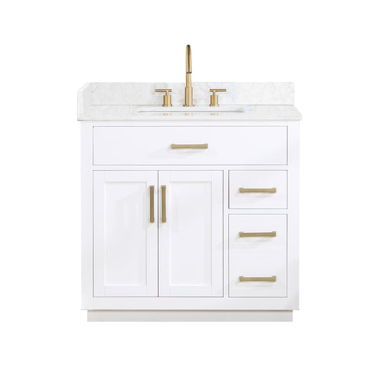 Gavino 36" Single Bathroom Vanity in White with Grain White Engineered Stone Countertop without Mirror