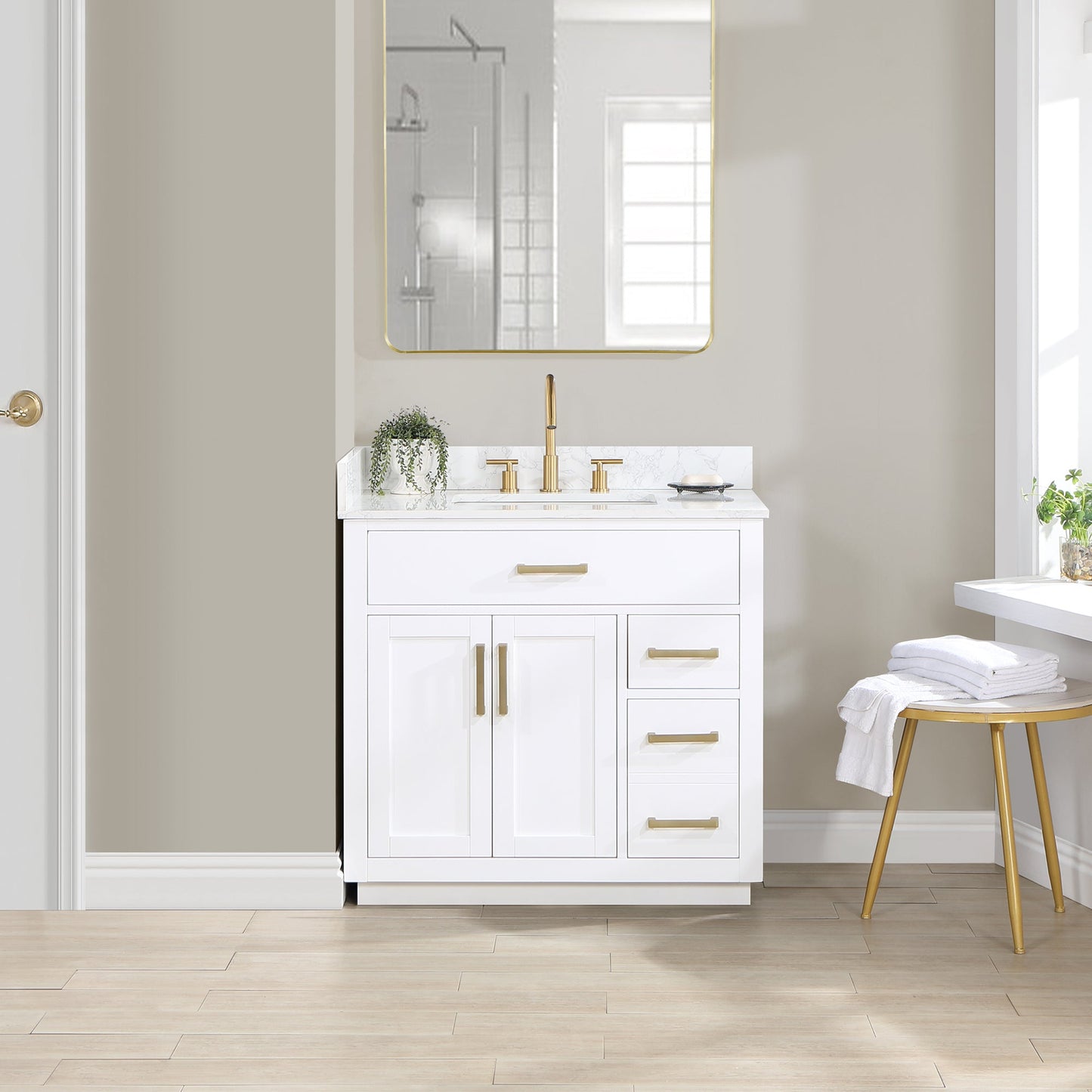 Gavino 36" Single Bathroom Vanity in White with Grain White Engineered Stone Countertop without Mirror