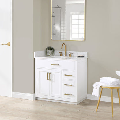 Gavino 36" Single Bathroom Vanity in White with Grain White Engineered Stone Countertop without Mirror