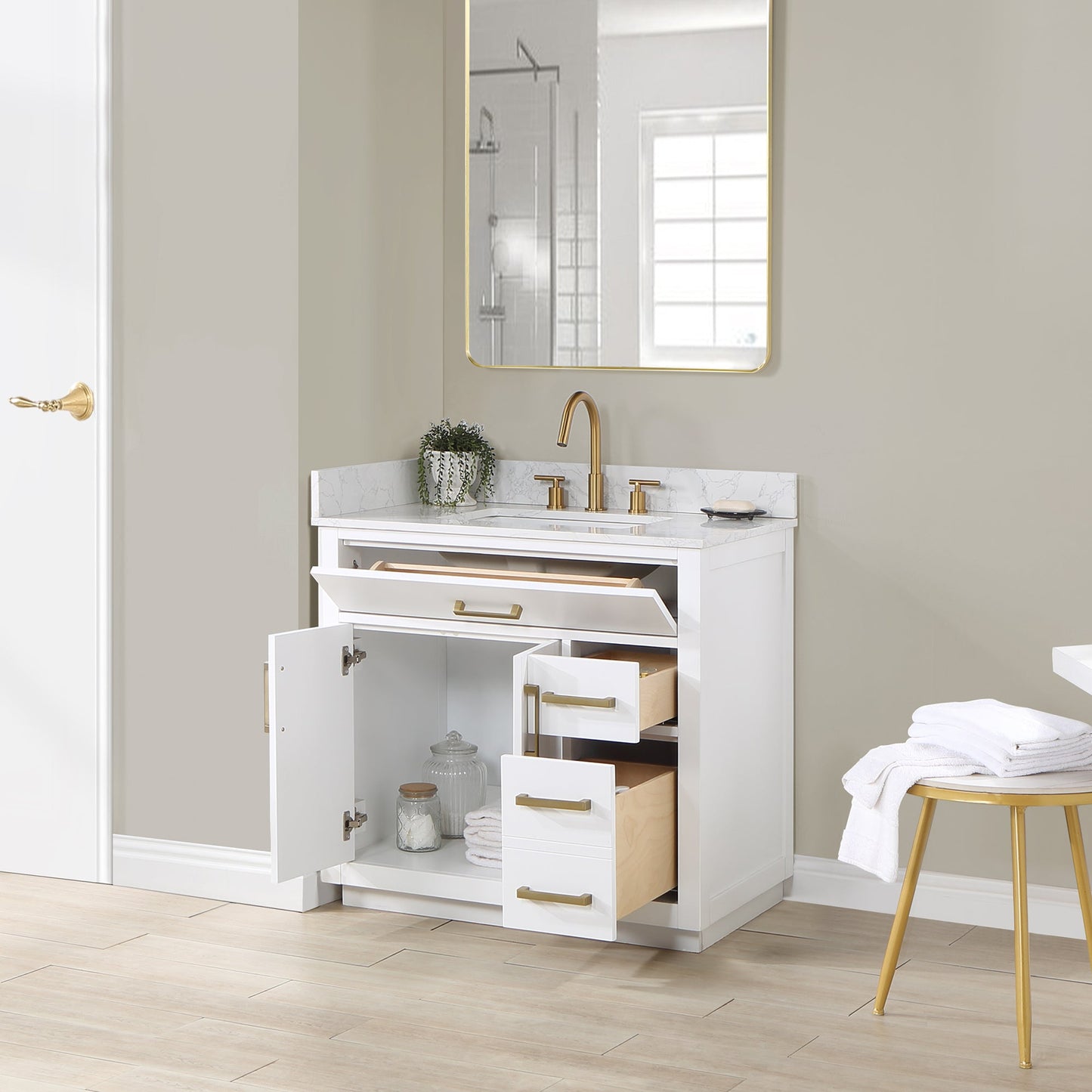 Gavino 36" Single Bathroom Vanity in White with Grain White Engineered Stone Countertop without Mirror