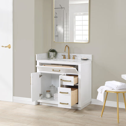 Gavino 36" Single Bathroom Vanity in White with Grain White Engineered Stone Countertop without Mirror