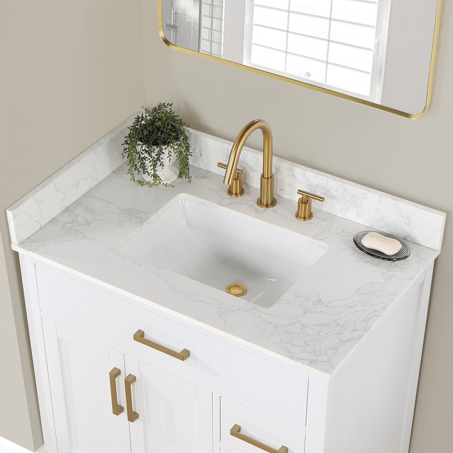 Gavino 36" Single Bathroom Vanity in White with Grain White Engineered Stone Countertop without Mirror