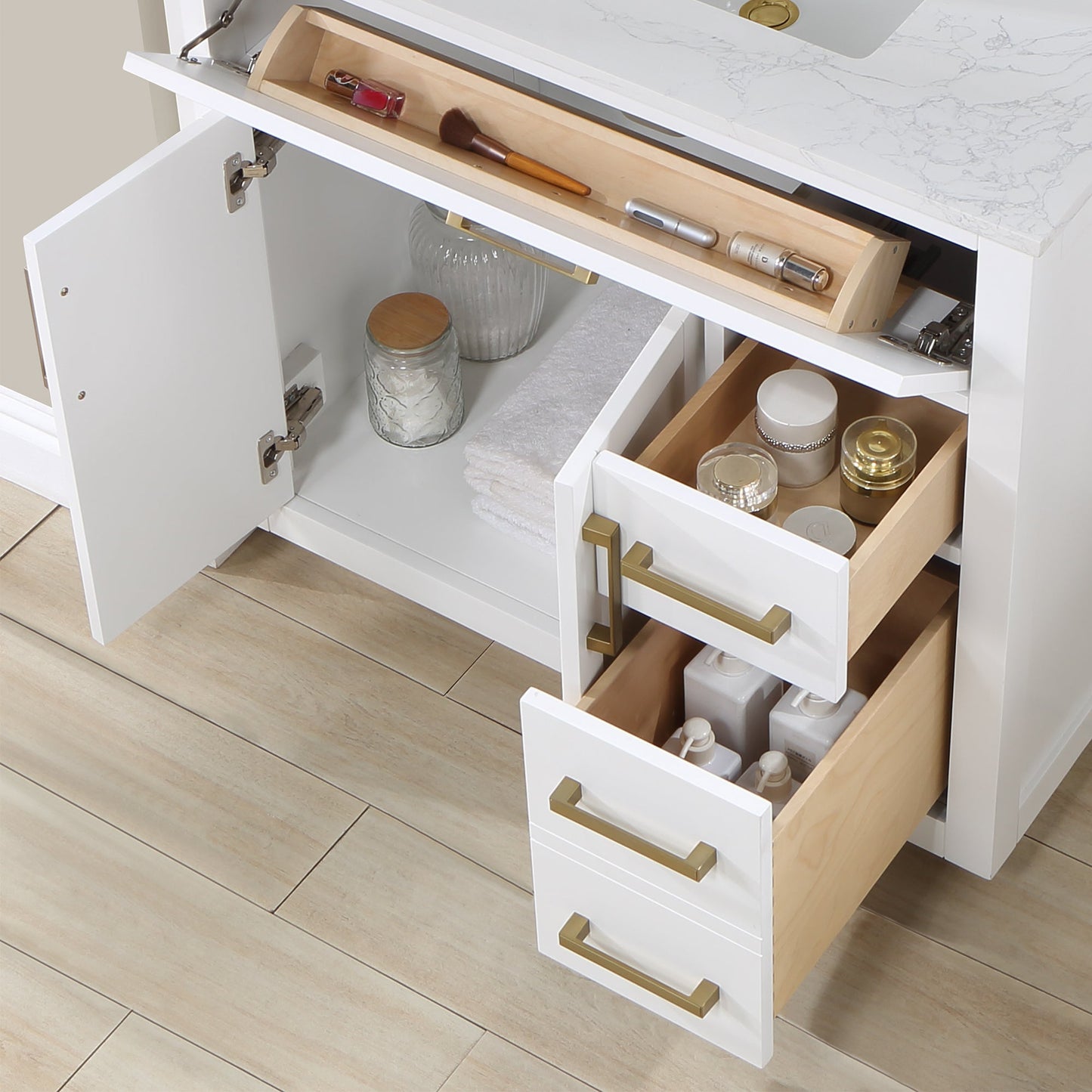 Gavino 36" Single Bathroom Vanity in White with Grain White Engineered Stone Countertop without Mirror