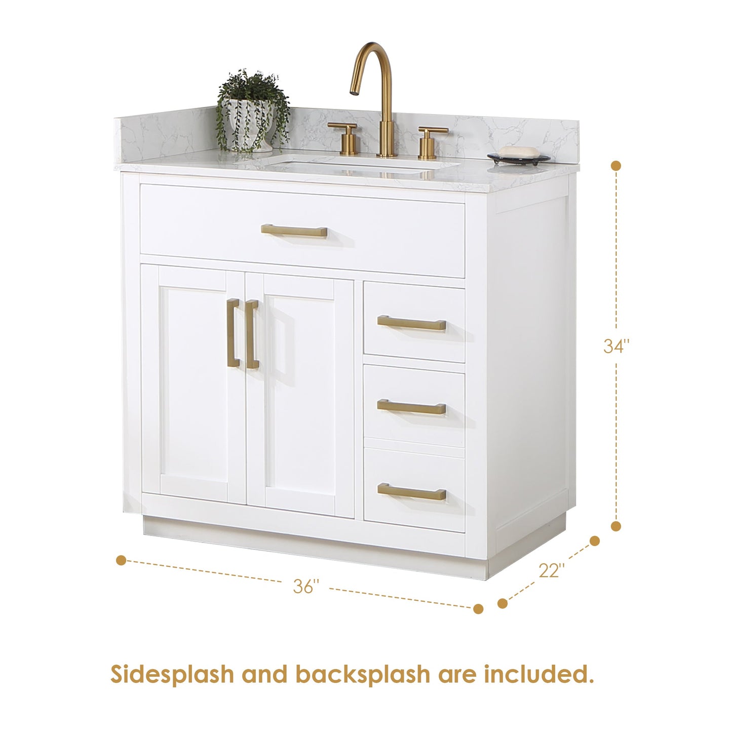 Gavino 36" Single Bathroom Vanity in White with Grain White Engineered Stone Countertop with Mirror