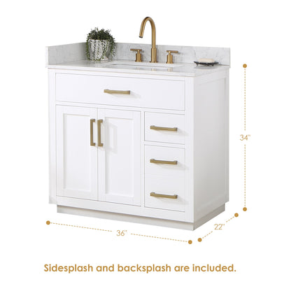 Gavino 36" Single Bathroom Vanity in White with Grain White Engineered Stone Countertop with Mirror