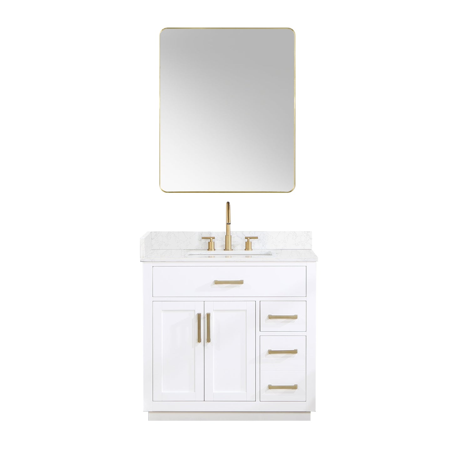 Gavino 36" Single Bathroom Vanity in White with Grain White Engineered Stone Countertop with Mirror