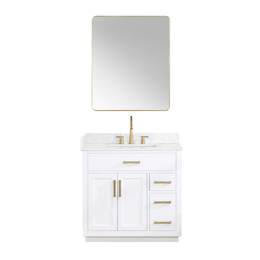 Gavino 36" Single Bathroom Vanity in White with Grain White Engineered Stone Countertop with Mirror