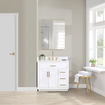 Gavino 36" Single Bathroom Vanity in White with Grain White Engineered Stone Countertop with Mirror