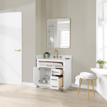 Gavino 36" Single Bathroom Vanity in White with Grain White Engineered Stone Countertop with Mirror