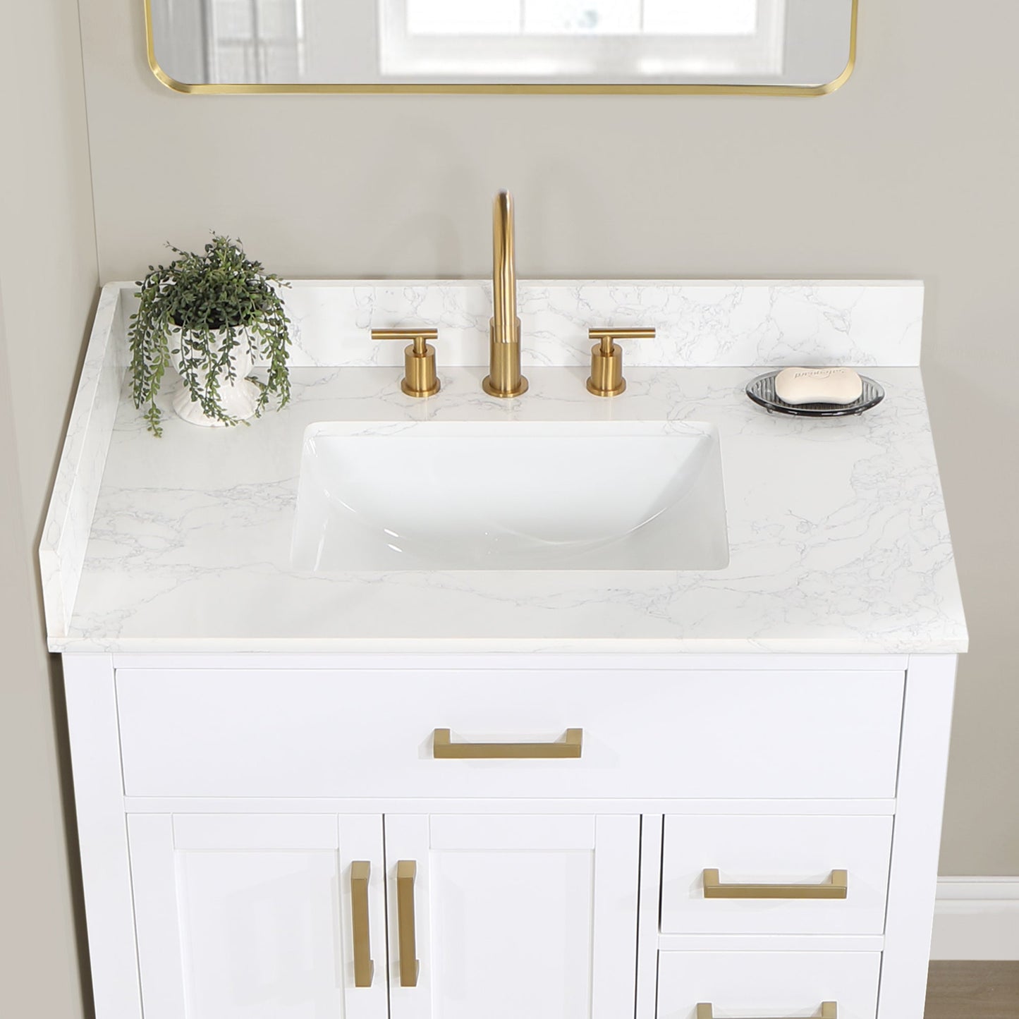 Gavino 36" Single Bathroom Vanity in White with Grain White Engineered Stone Countertop with Mirror