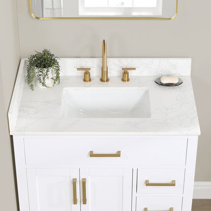 Gavino 36" Single Bathroom Vanity in White with Grain White Engineered Stone Countertop with Mirror