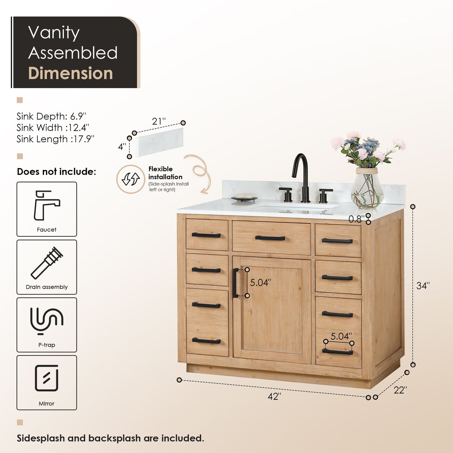 Gavino 42" Single Bathroom Vanity in Light Brown with Grain White Engineered Stone Countertop without Mirror