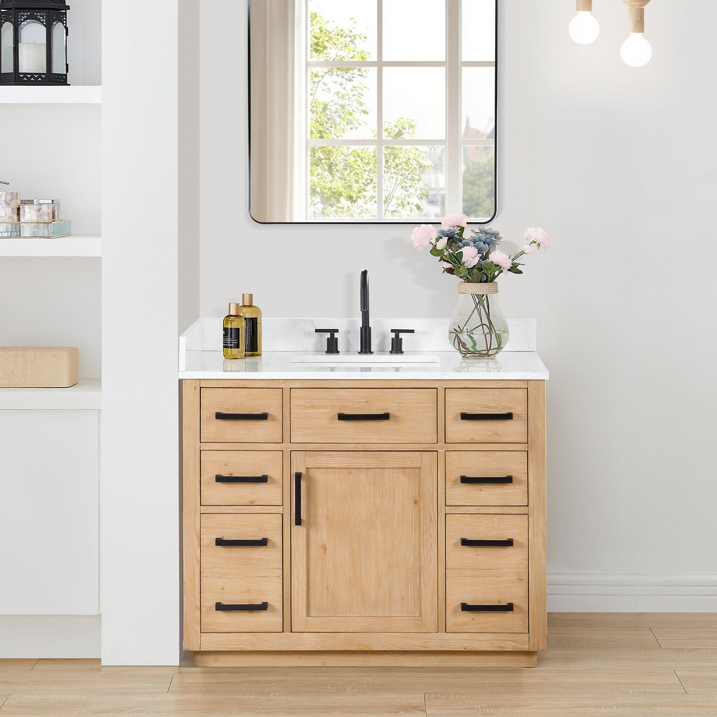 Gavino 42" Single Bathroom Vanity in Light Brown with Grain White Engineered Stone Countertop without Mirror