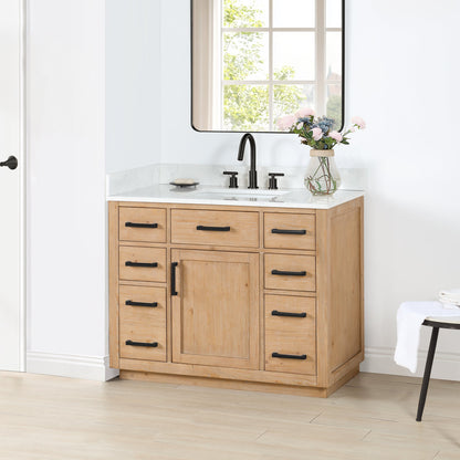 Gavino 42" Single Bathroom Vanity in Light Brown with Grain White Engineered Stone Countertop without Mirror