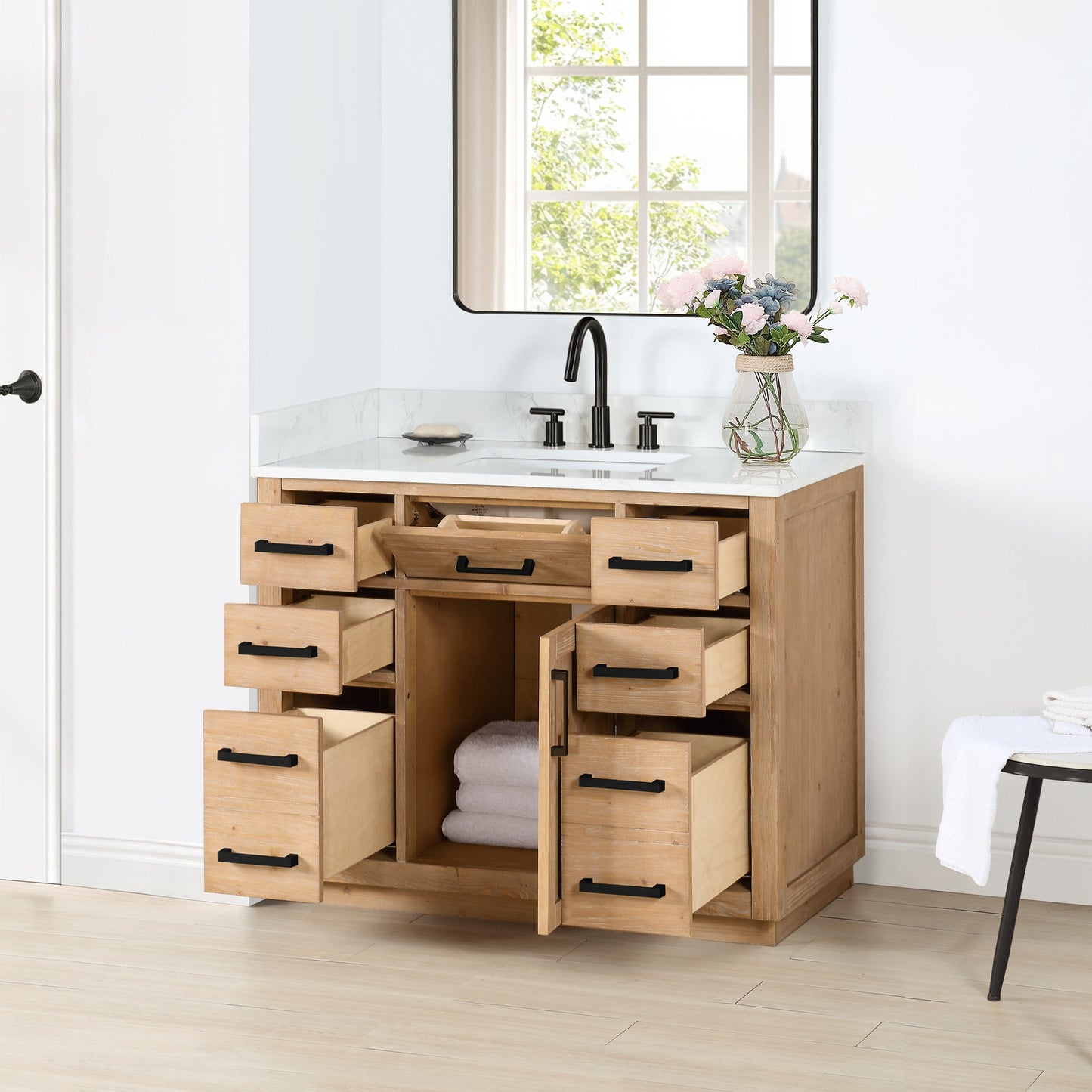 Gavino 42" Single Bathroom Vanity in Light Brown with Grain White Engineered Stone Countertop without Mirror