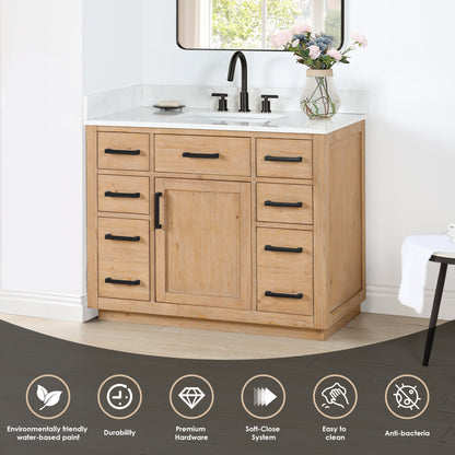 Gavino 42" Single Bathroom Vanity in Light Brown with Grain White Engineered Stone Countertop without Mirror