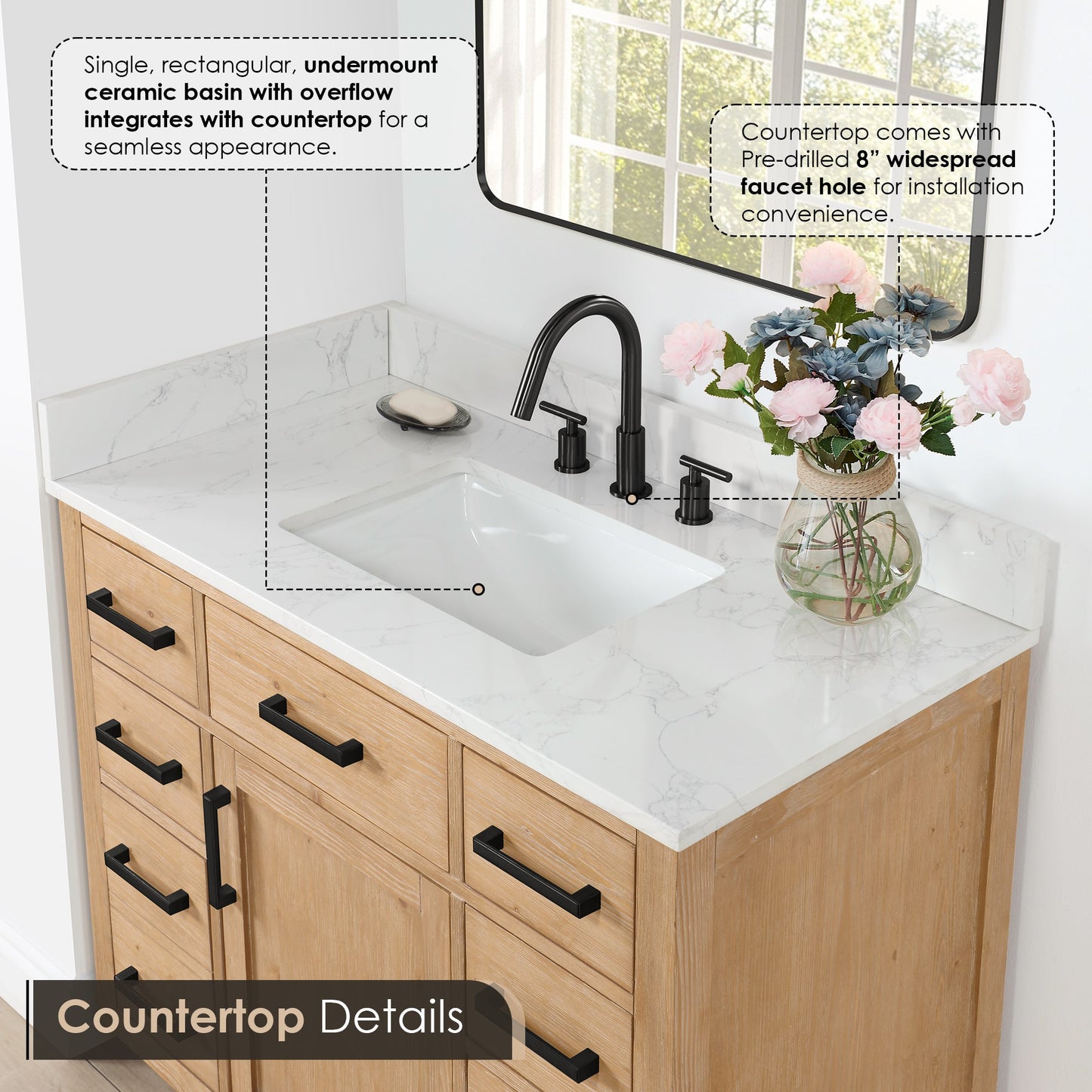 Gavino 42" Single Bathroom Vanity in Light Brown with Grain White Engineered Stone Countertop without Mirror